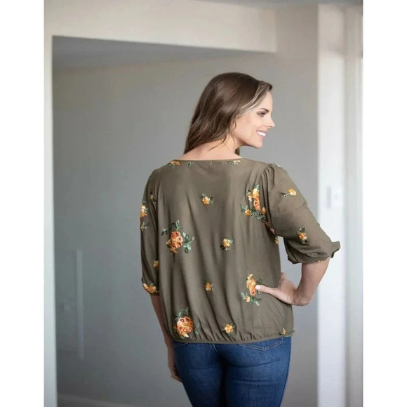 Anthropologie Fig & Flower Sz M Mesh Top Olive Brown Embroidered Floral Boho - Picture 2 of 12